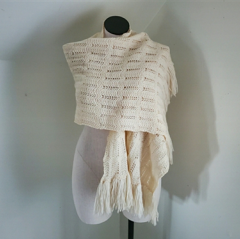 Cream Color Knit Extra Wide Scarf Shawl with Fringe